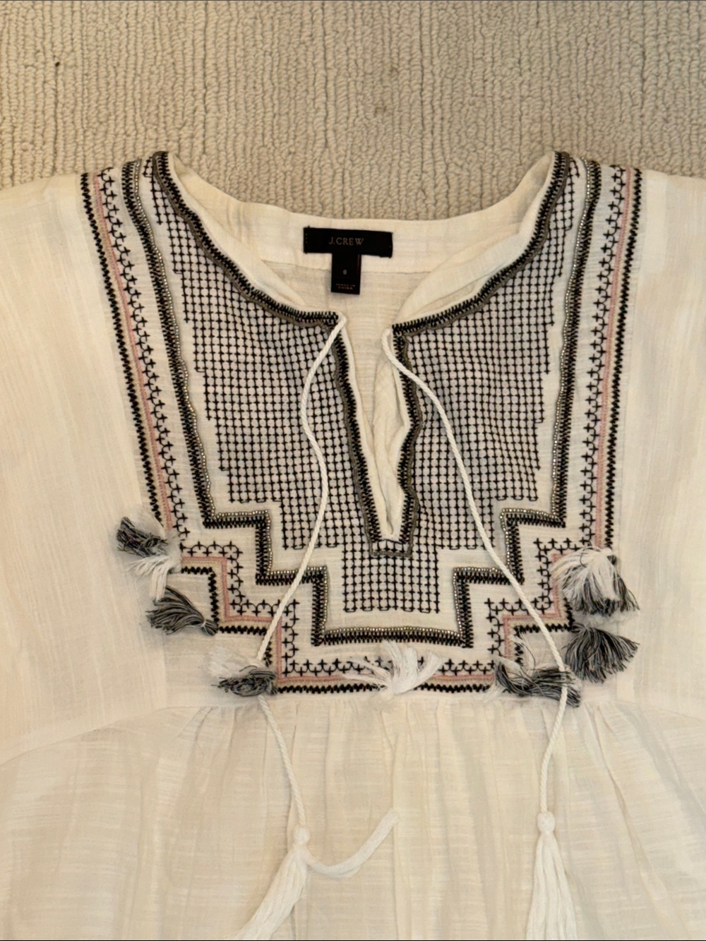 J Crew White Embroidered Boho Cover up Dress with Tassels - size small